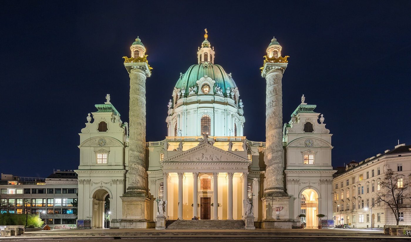 The Karlskirche, Vienna, by night — Fischer von Erlach's dome between temple portico and triumphal columns