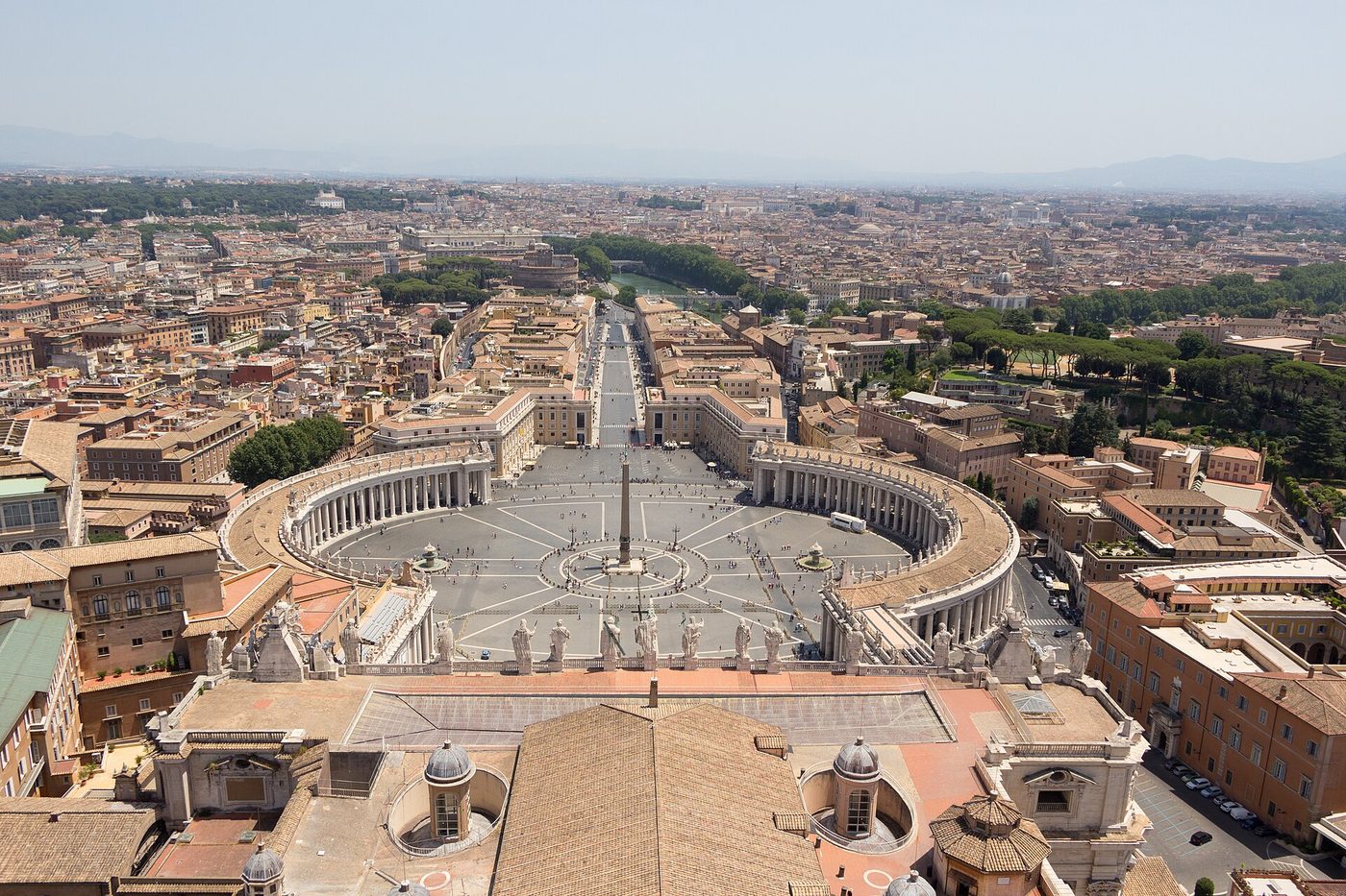 St Peter's Square from the dome — Bernini's colonnades embracing the piazza and its obelisk