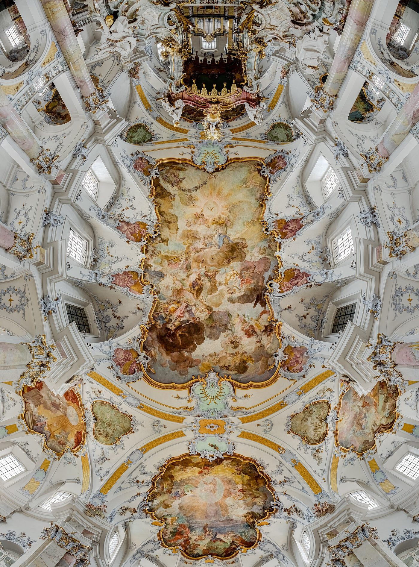 The ceiling of Vierzehnheiligen, Franconia — fresco and stucco dissolving the vault above Neumann's oval plan