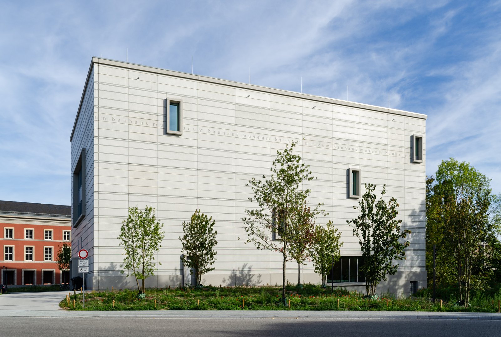 The Bauhaus Museum in Weimar, its concrete building beside the park
