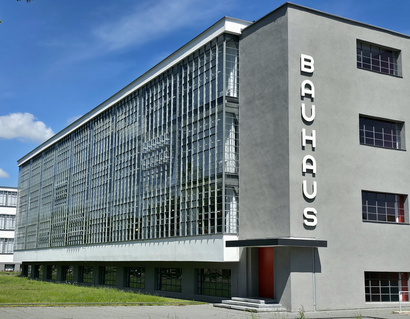 The Bauhaus building in Dessau, its glass workshop wing and bridge block