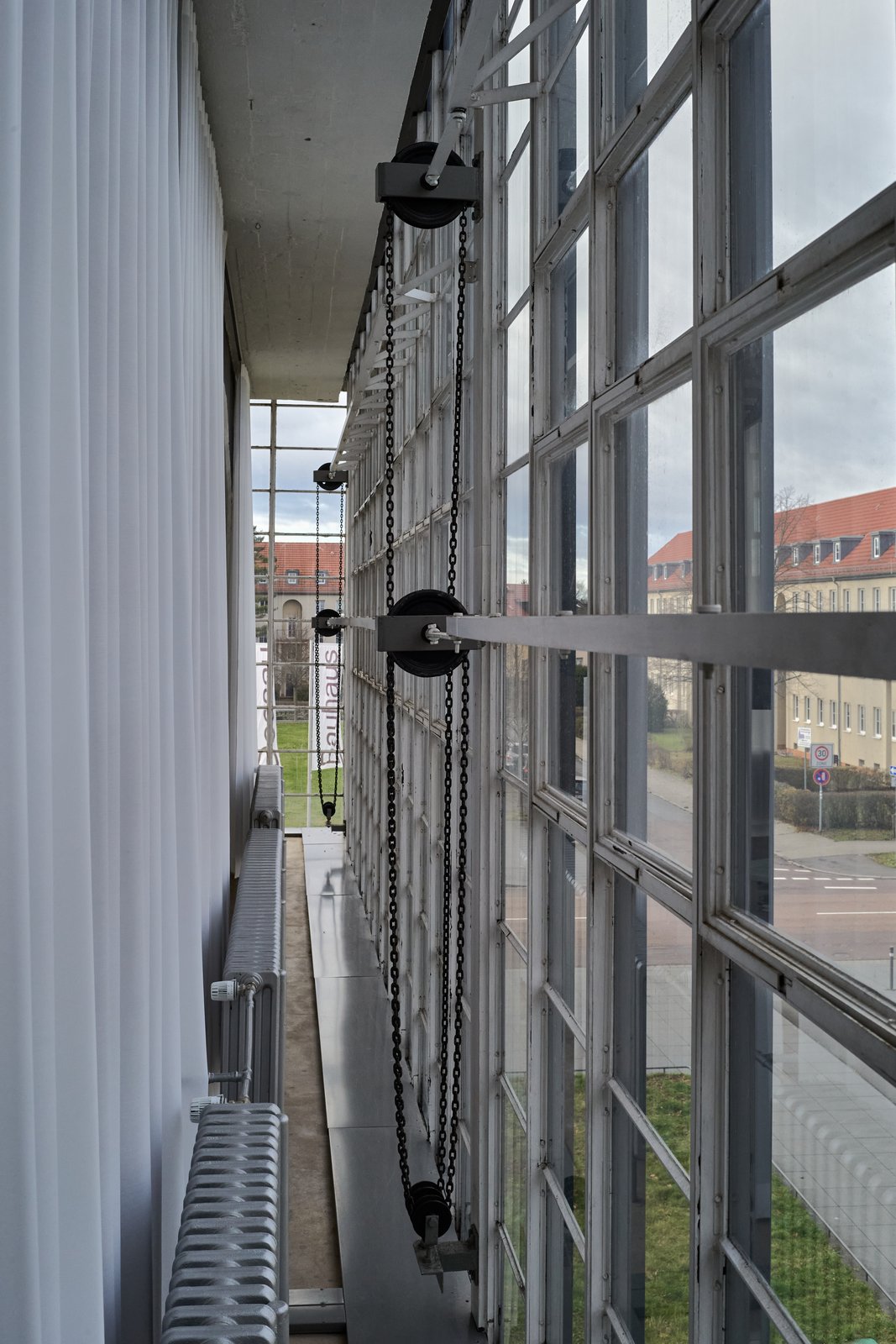 A glass curtain wall on the workshop wing of the Bauhaus building in Dessau