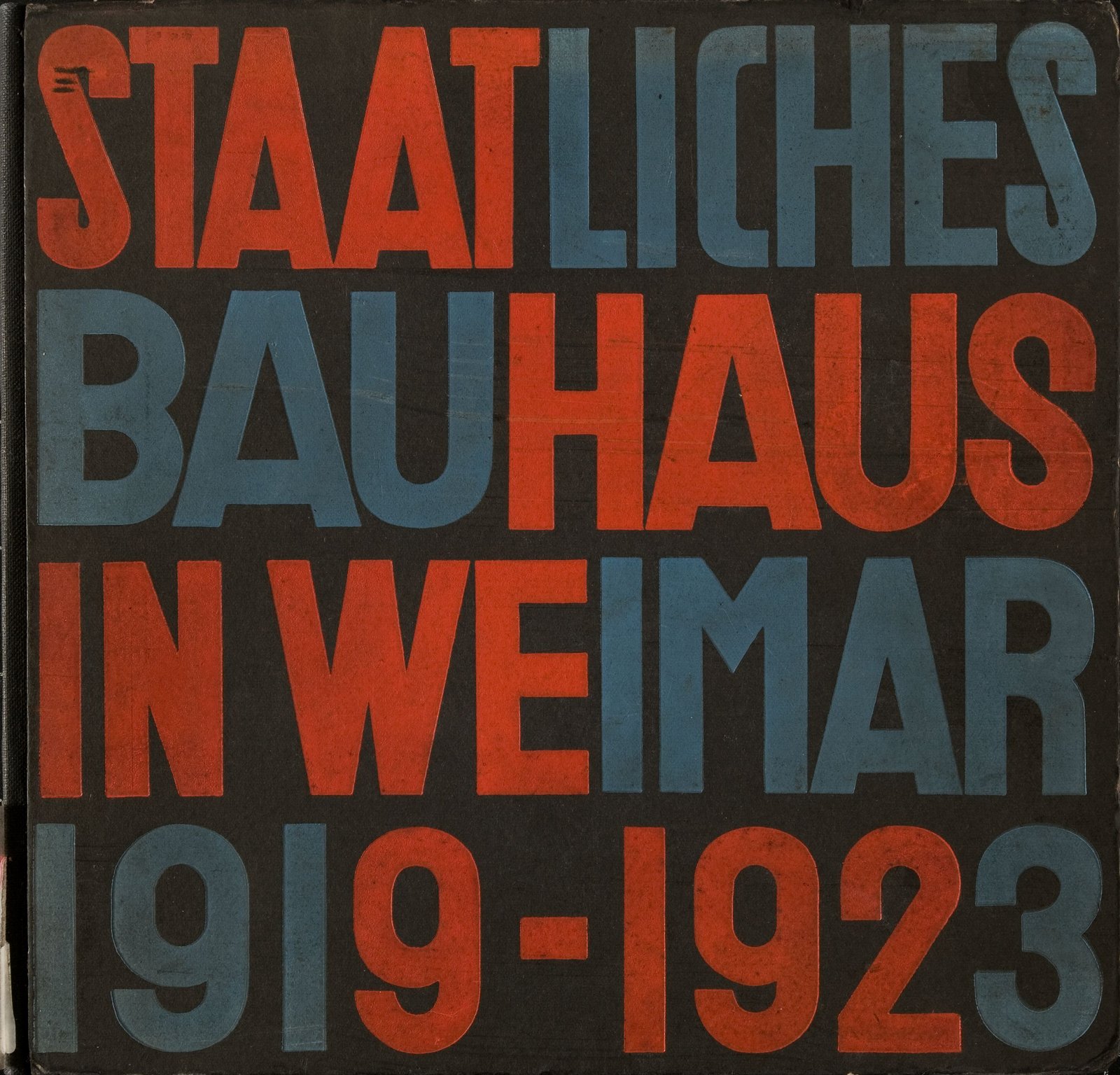 Herbert Bayer's typographic cover design for the 1923 Bauhaus book, red and blue sans-serif lettering