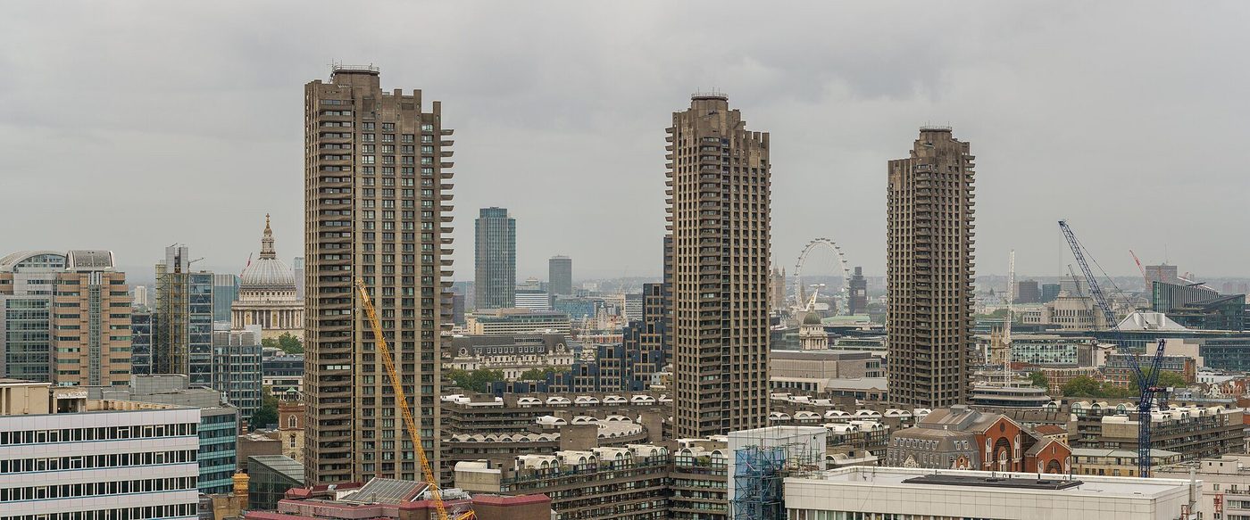 Panorama of the Barbican Estate, London — towers and terraces over the podium