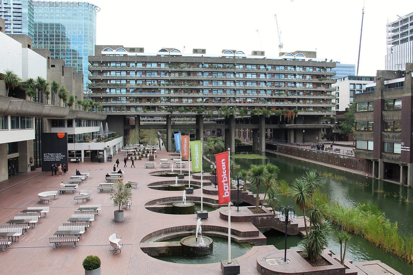 The Barbican's lakeside terrace and towers, City of London