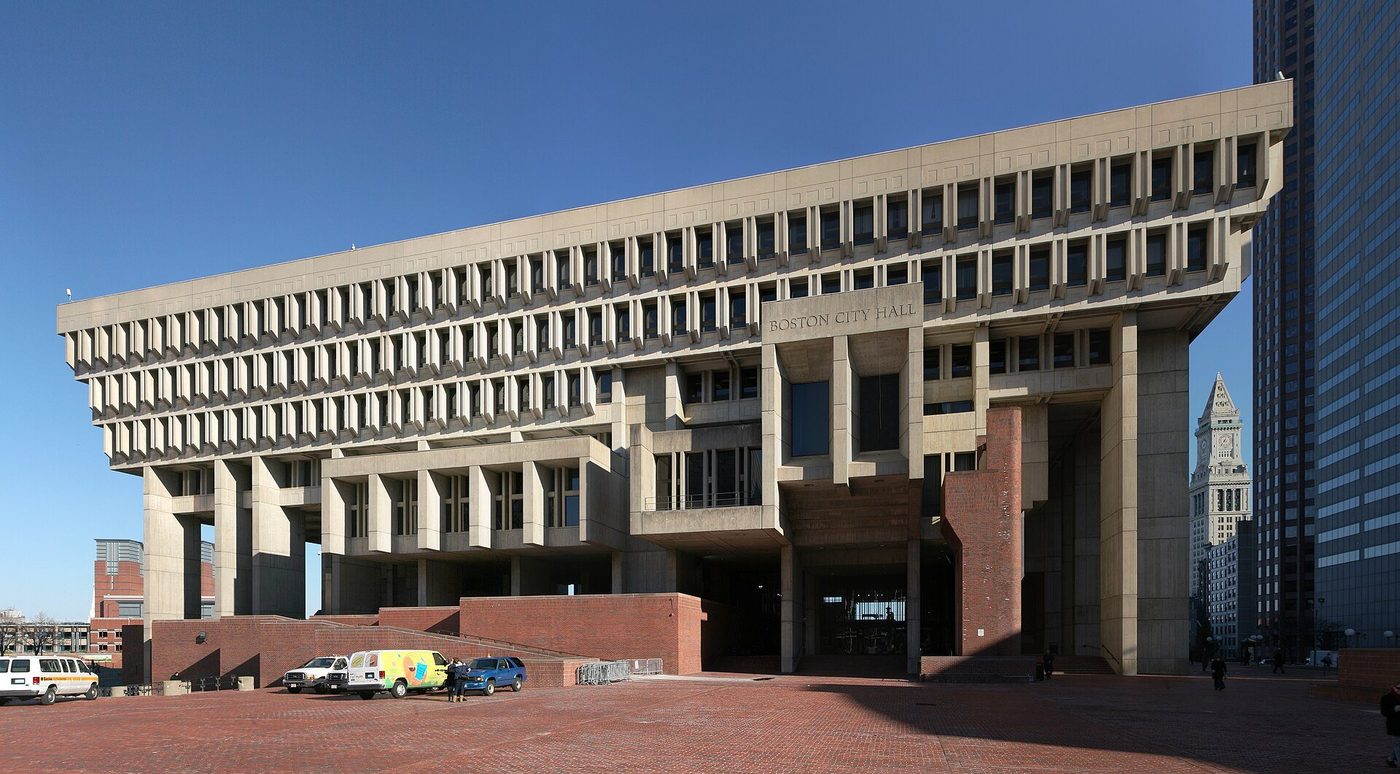 Boston City Hall from Congress Street — the projecting council chamber and deep concrete fins