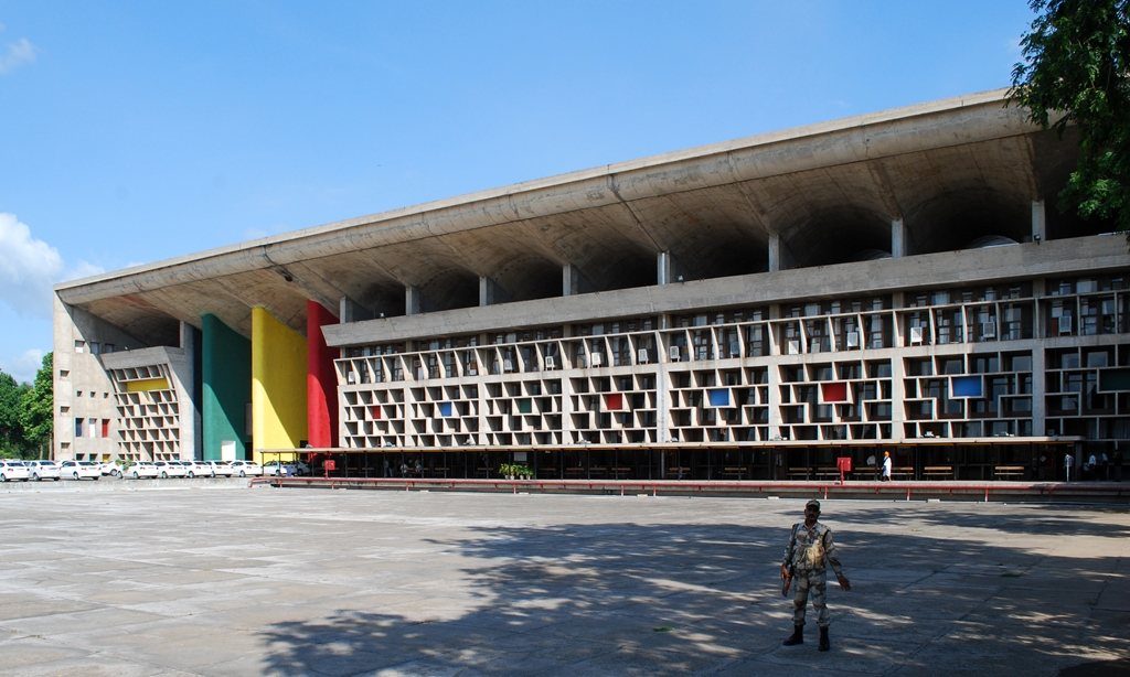 The High Court at Chandigarh — the great brise-soleil grid with its coloured end wall