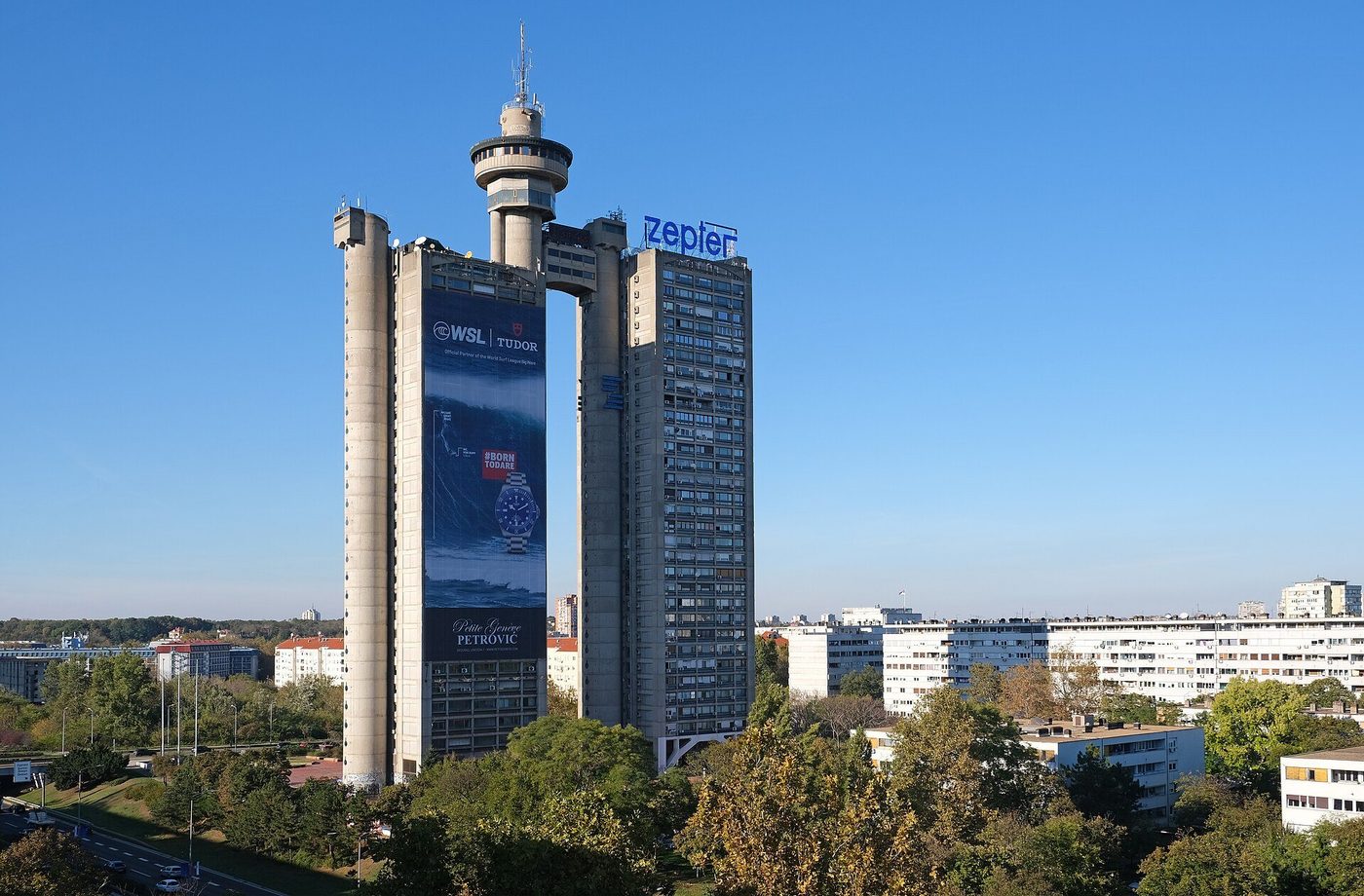 The Genex Tower, Belgrade — twin slabs joined by a bridge and revolving restaurant