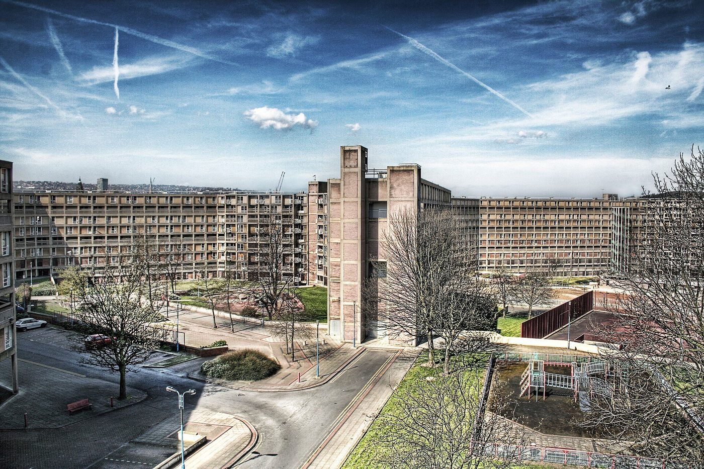 Park Hill, Sheffield — the great serpentine slab of deck-access housing above the station