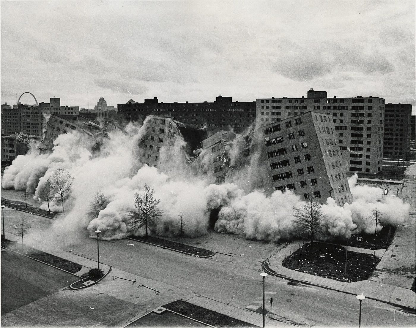 A Pruitt-Igoe slab collapsing in dust during the televised demolitions, St Louis, 1972
