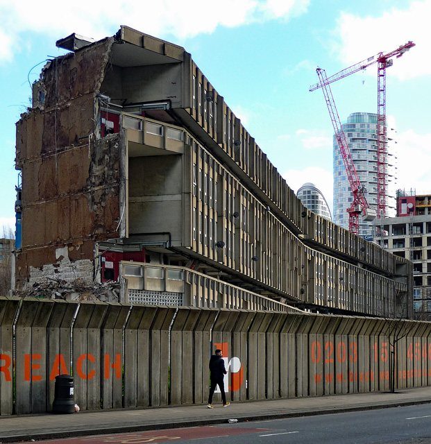 Robin Hood Gardens under demolition, 2017 — the street deck cut open