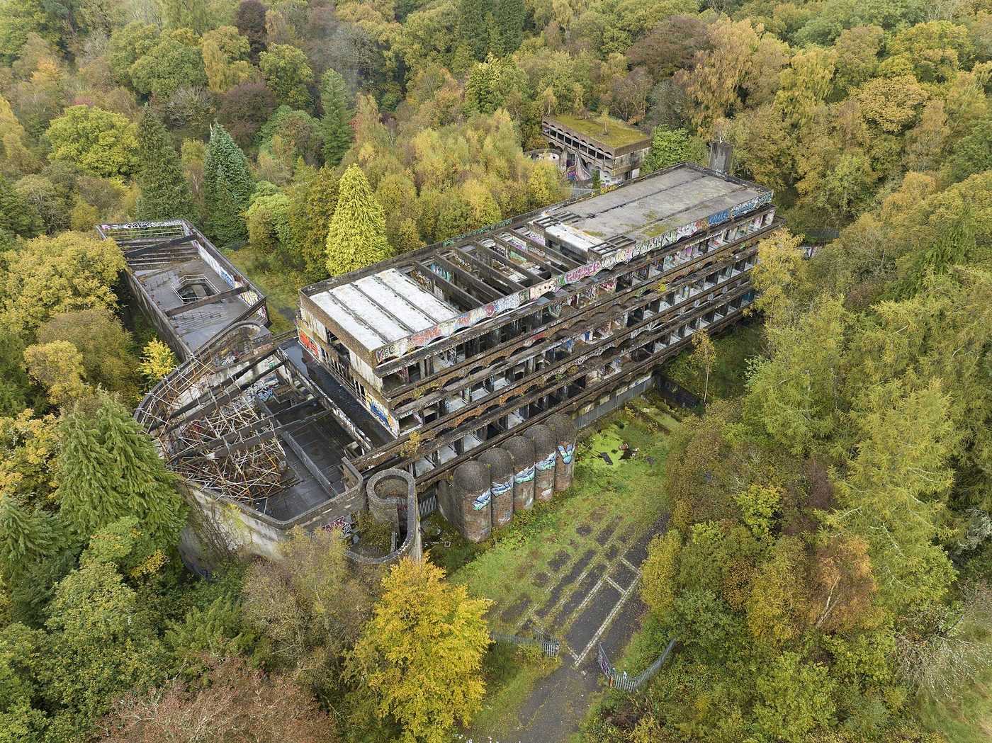 St Peter's Seminary, Cardross, from the air — the roofless concrete ruin in its woods