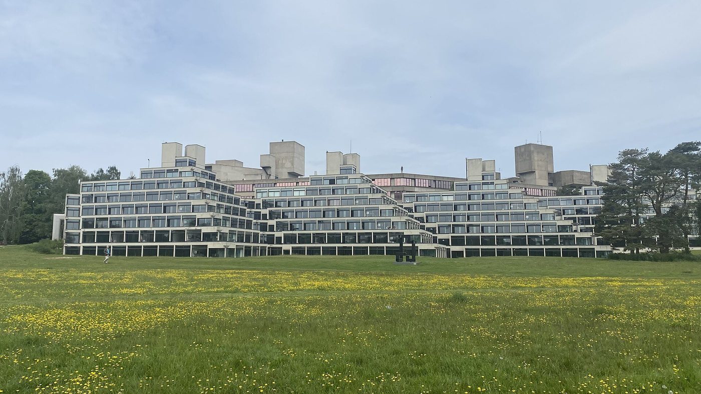 The ziggurat residences at the University of East Anglia, Norwich, across the meadow