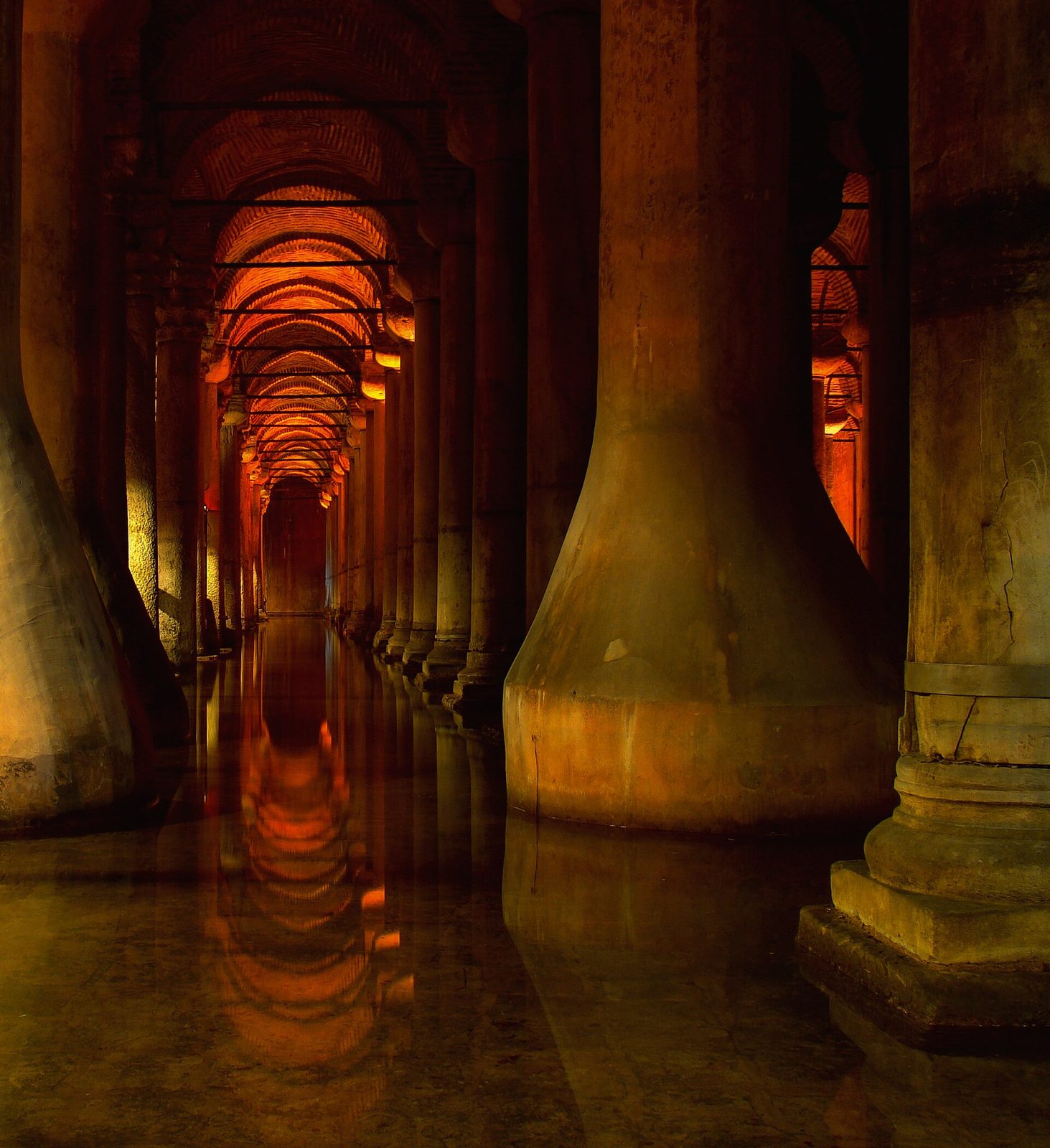The Basilica Cistern in Istanbul: rows of columns reflected in still water