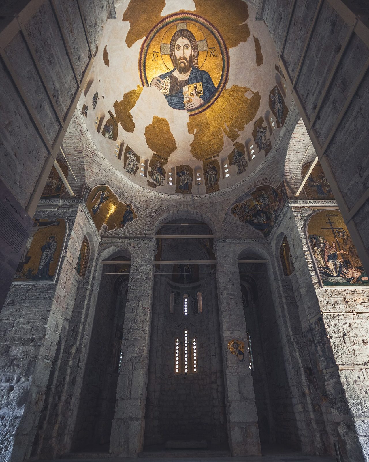 The Pantocrator mosaic in Daphni's dome, seen from the church floor