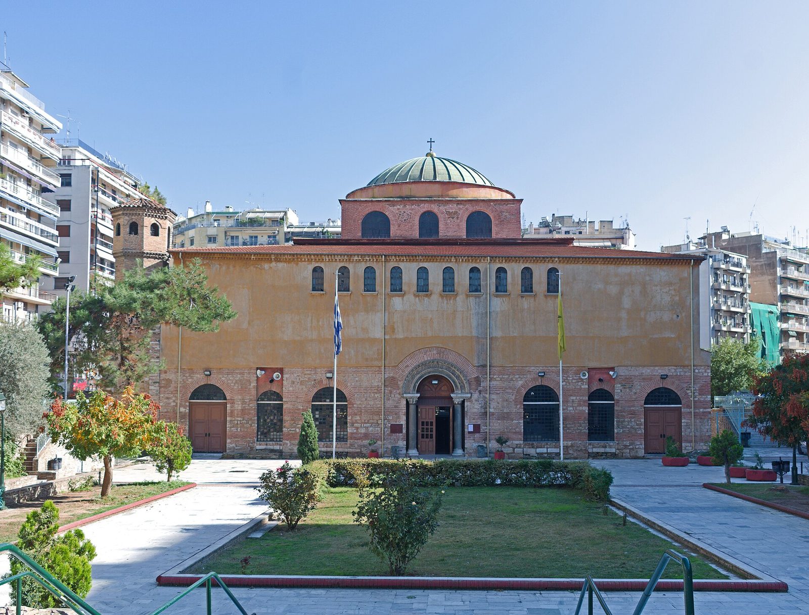 Hagia Sophia of Thessaloniki, its green dome above the west front