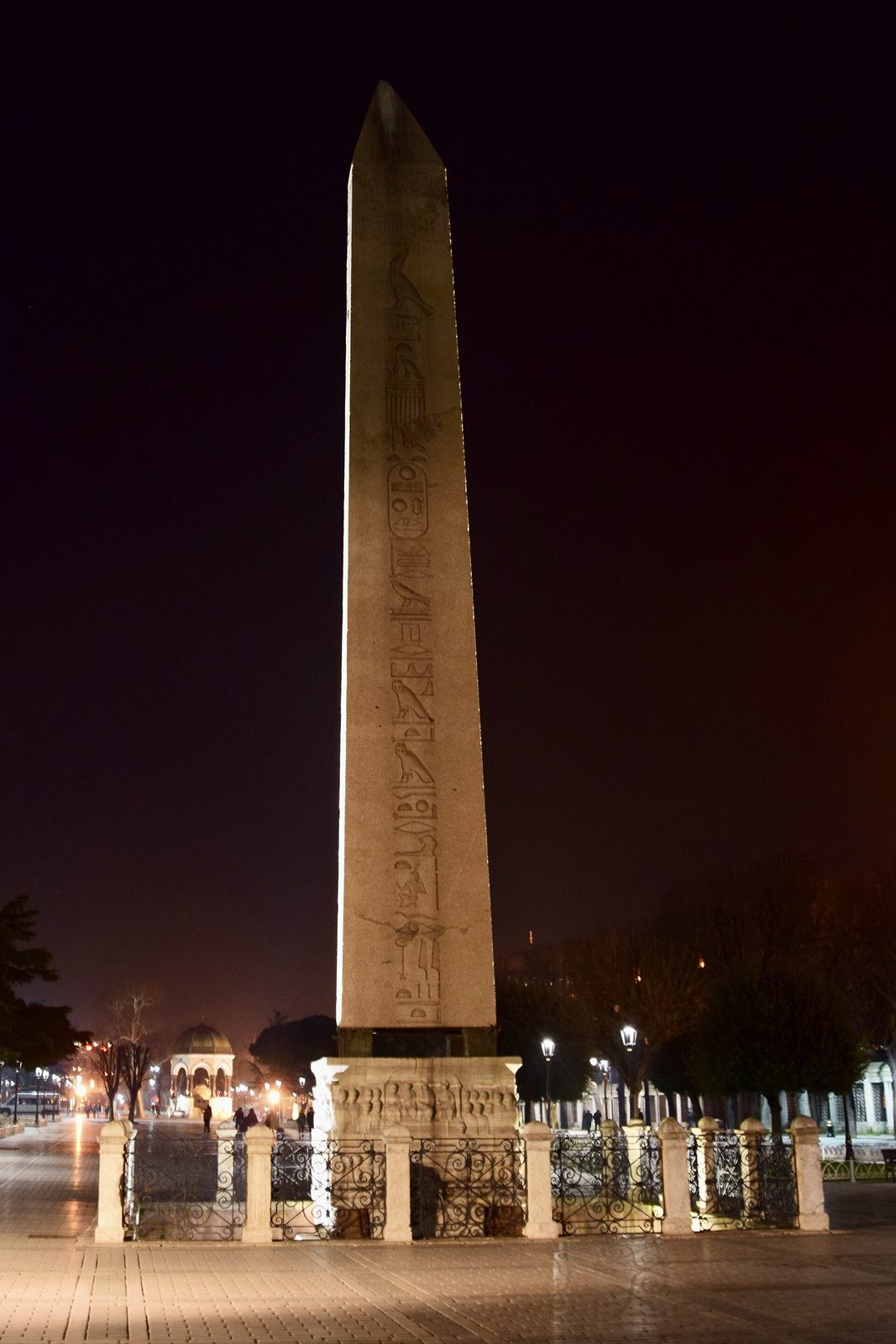 The Obelisk of Theodosius on its carved marble base in the Hippodrome, by night
