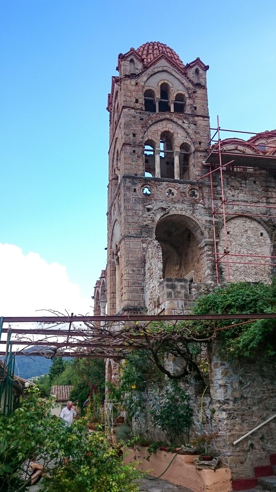 The Pantanassa belfry at Mistra, striped brick tower above the monastery