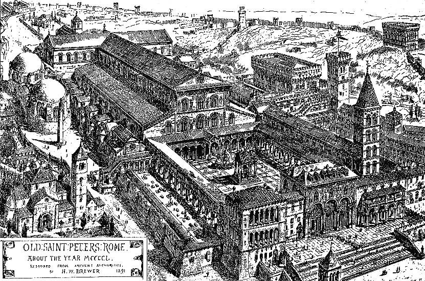 A nineteenth-century reconstruction drawing of Old St Peter's Basilica in Rome