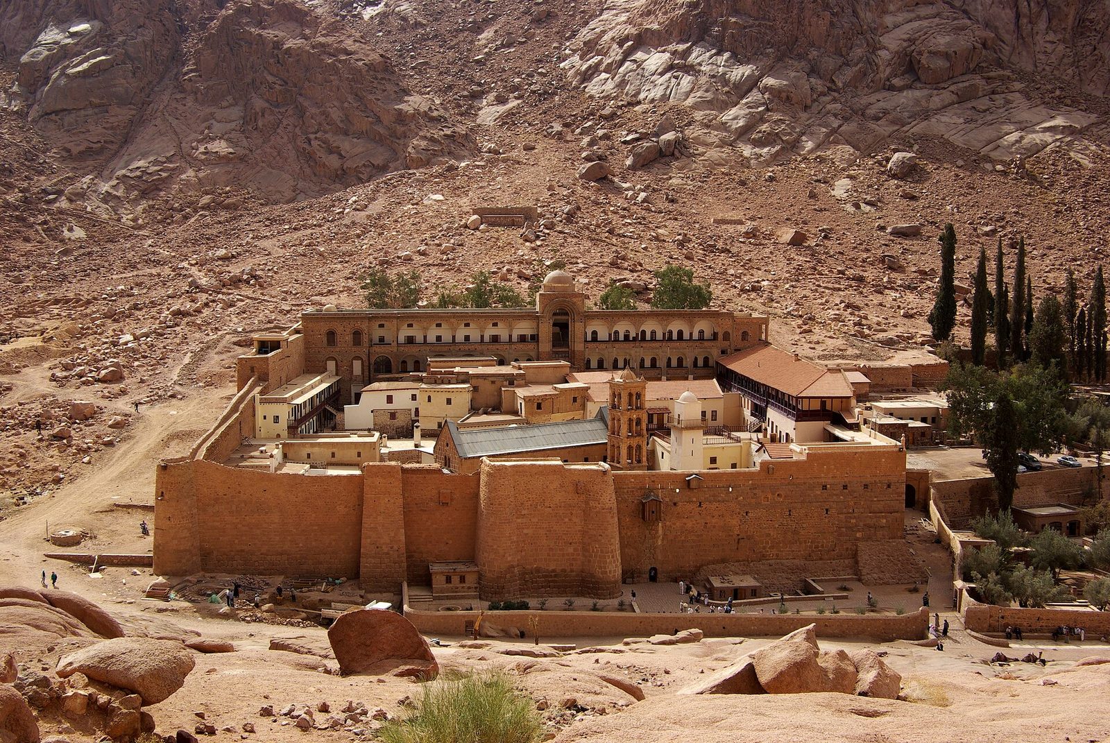 St Catherine's Monastery at the foot of Mount Sinai, walls and desert mountains