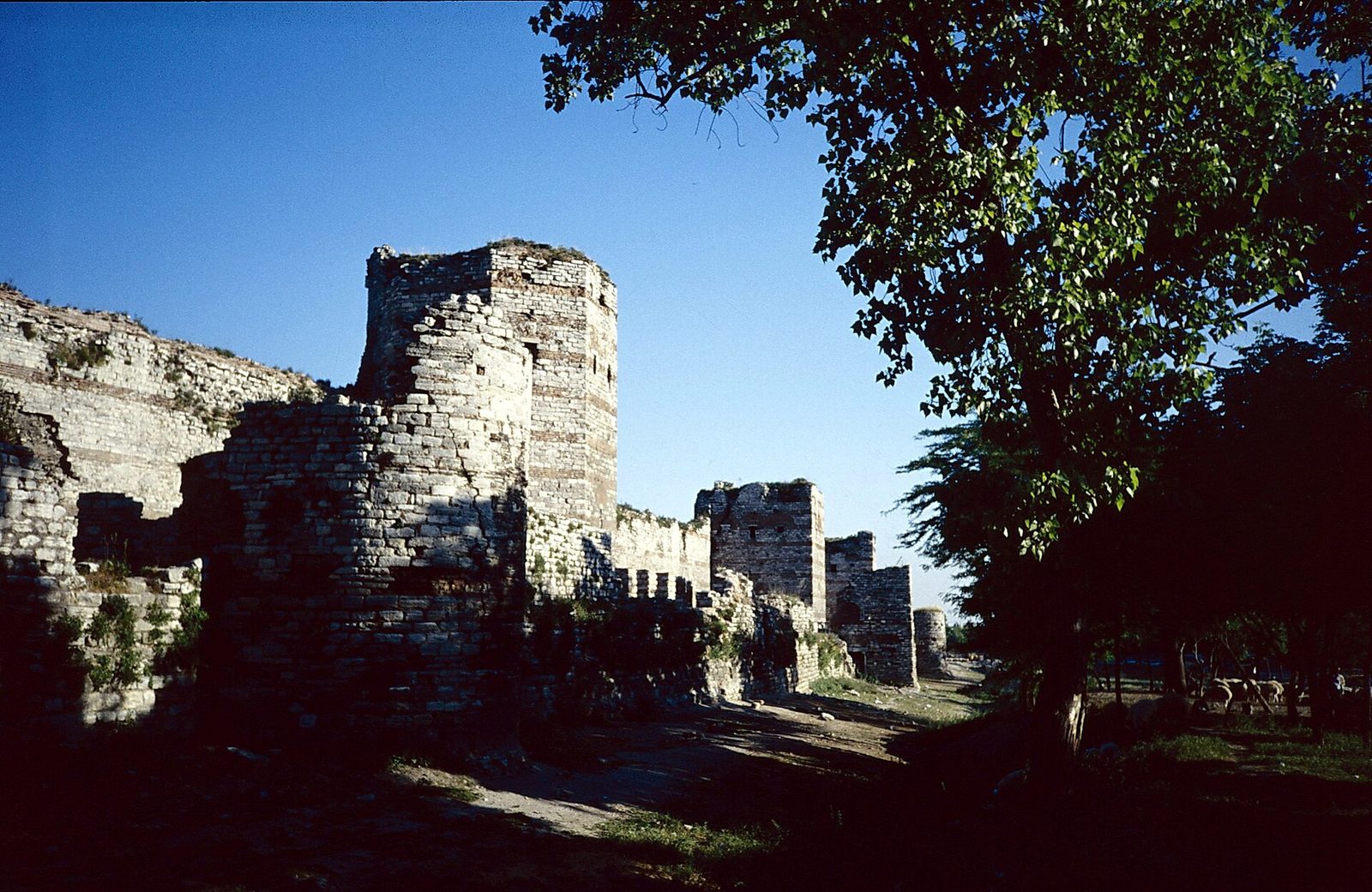The Theodosian land walls of Constantinople: ruined towers and curtain wall