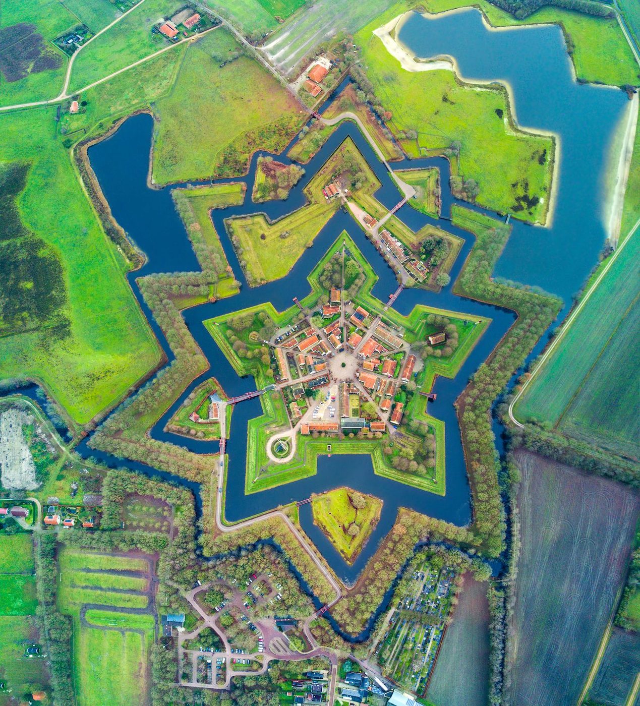 Bourtange from the air: the star-shaped moats and angled bastions of the Dutch fortress village