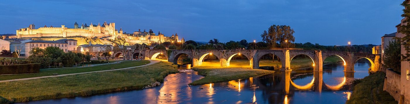 The Cité of Carcassonne: the double walls and towered skyline of the fortified city in a long panorama