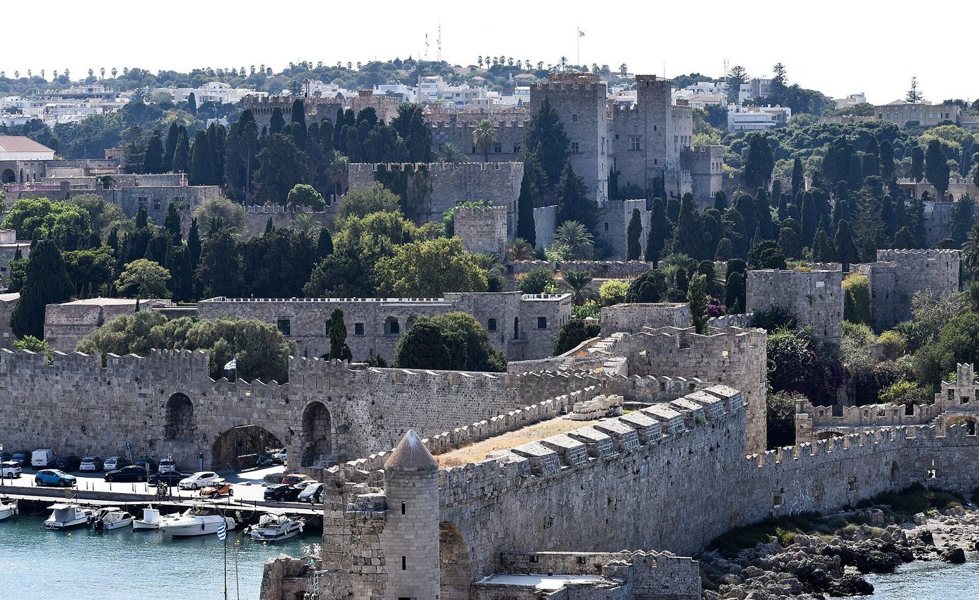 The fortifications of medieval Rhodes from the east: the Hospitallers' walls and towers above the harbour