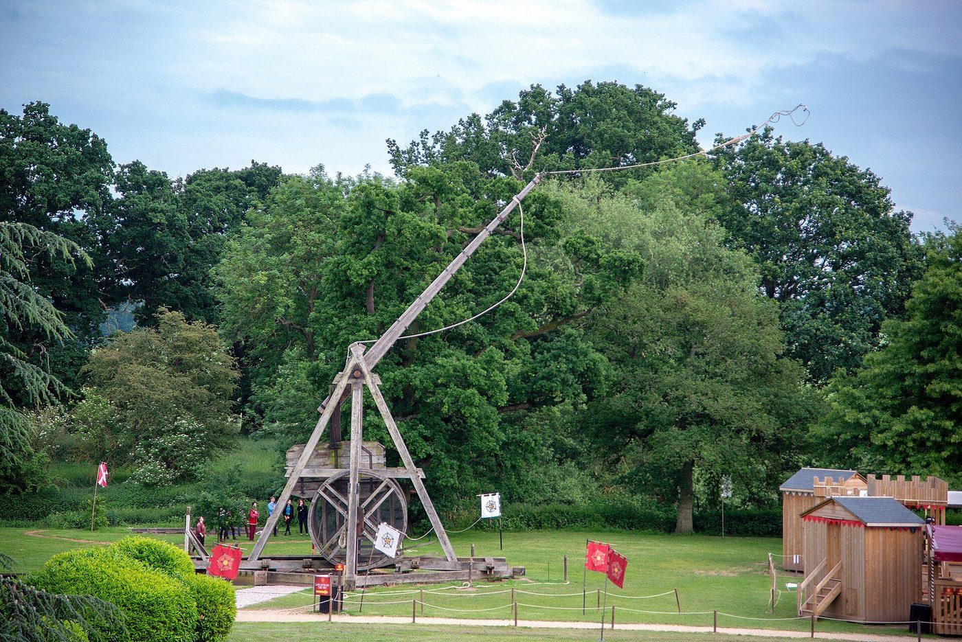 The counterweight trebuchet at Warwick Castle: the great wooden siege engine standing in the grounds