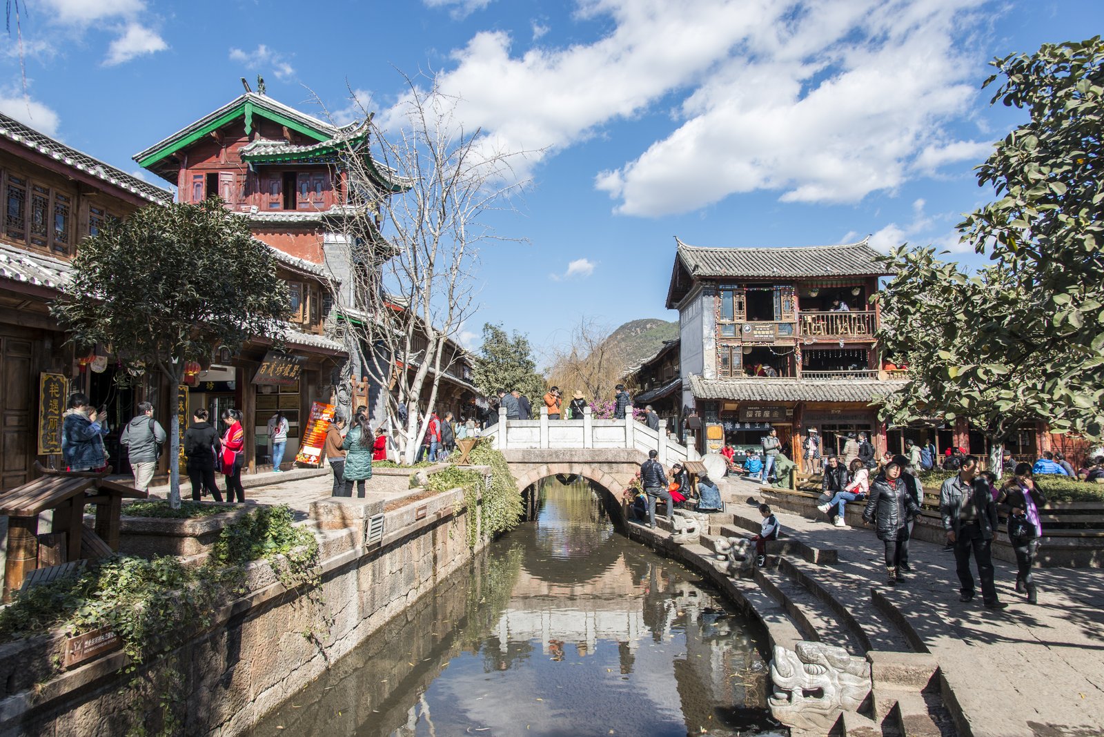 A canal, stone bridge and shop fronts in the old town of Lijiang