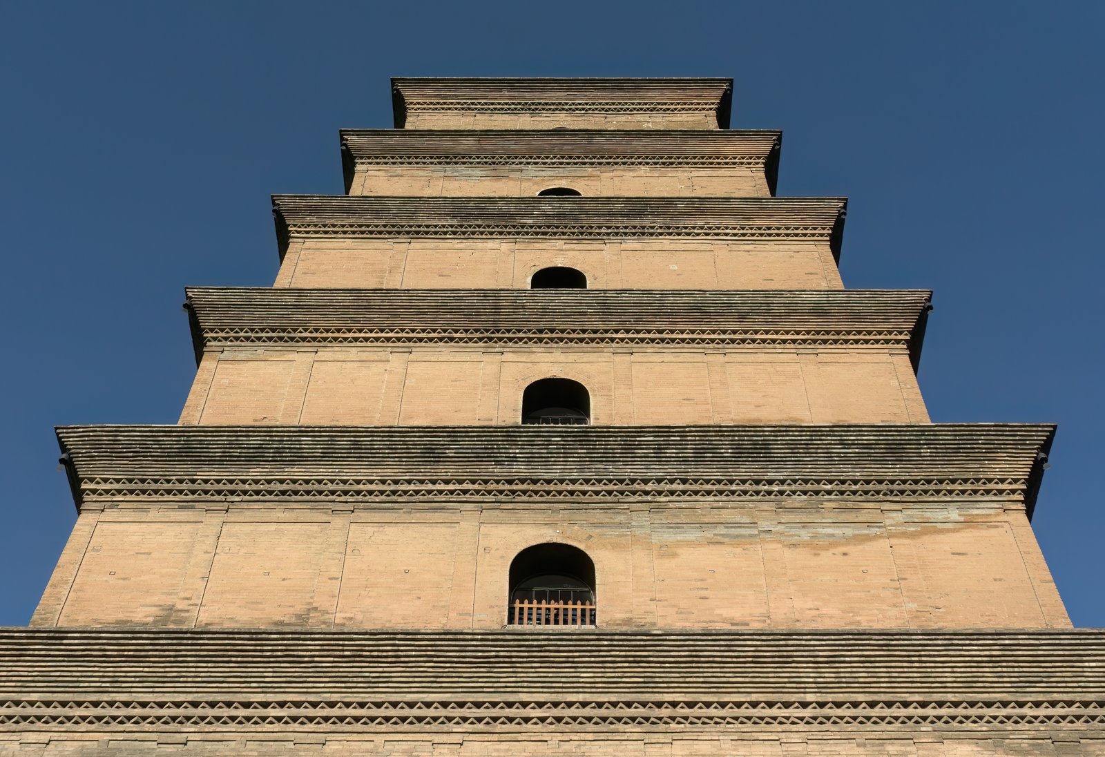 The Big Wild Goose Pagoda at Xi'an seen from below, its seven brick storeys rising against the sky