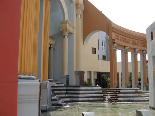 The Piazza d'Italia in New Orleans by Charles Moore, its orders outlined in neon