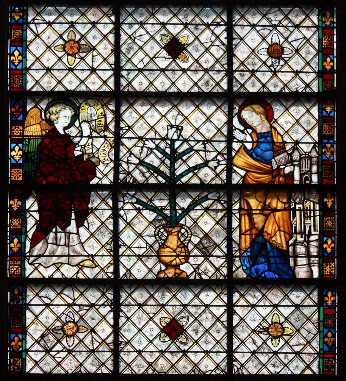 A thirteenth-century stained-glass panel at Chartres: the Annunciation in deep blue and ruby glass