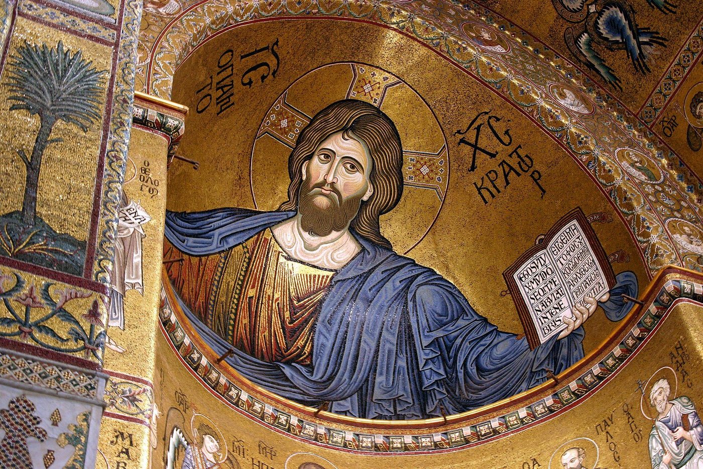 The apse mosaic of Monreale Cathedral: Christ Pantocrator in gold above the Norman king's choir