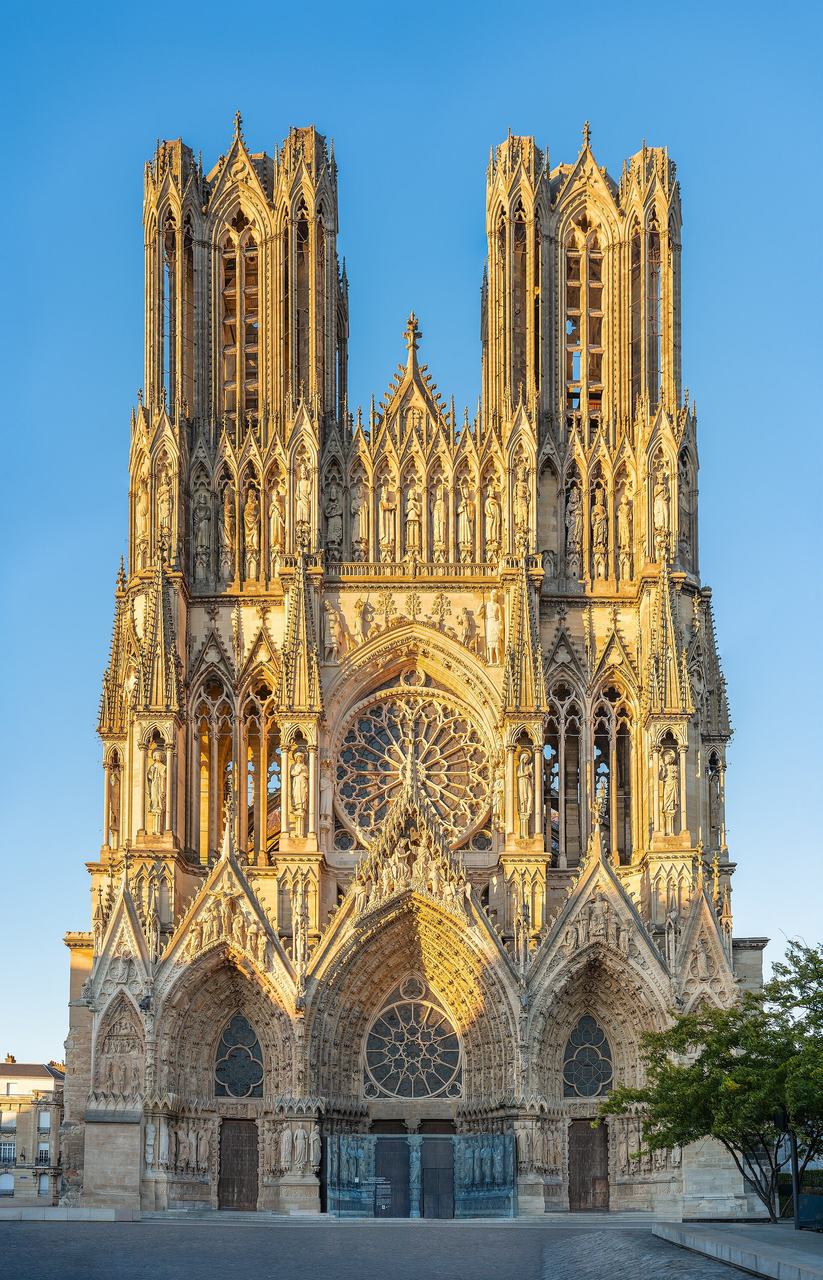 The west front of Reims Cathedral at evening, coronation church of the kings of France