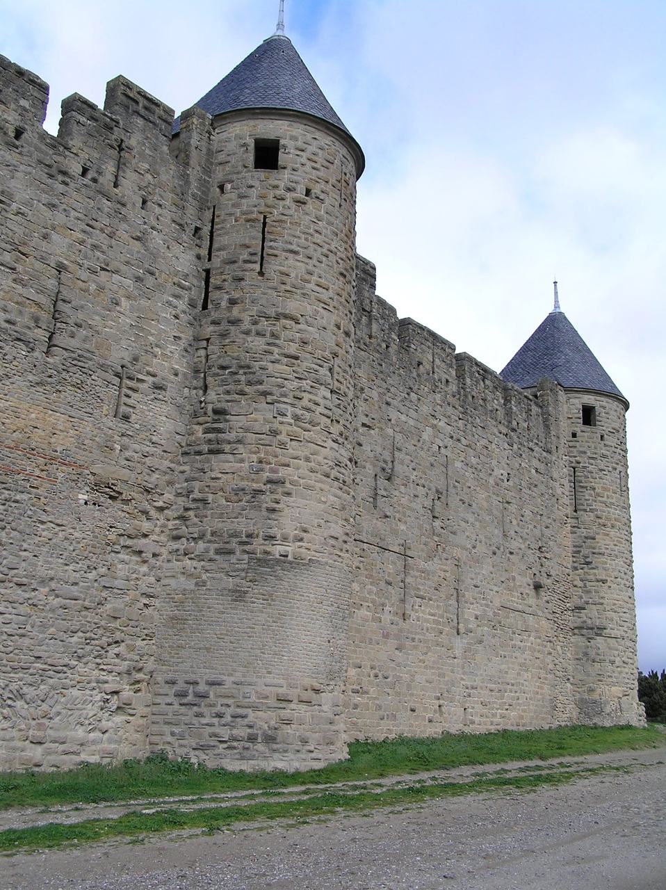 A round tower of the medieval walls of Carcassonne, restored in the nineteenth century under Viollet-le-Duc