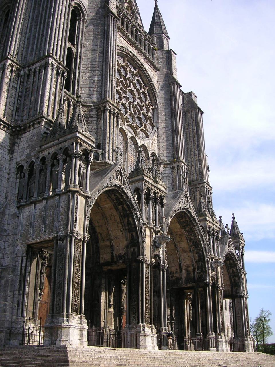 The south transept front of Chartres Cathedral with its rose window, three portals and flanking turrets
