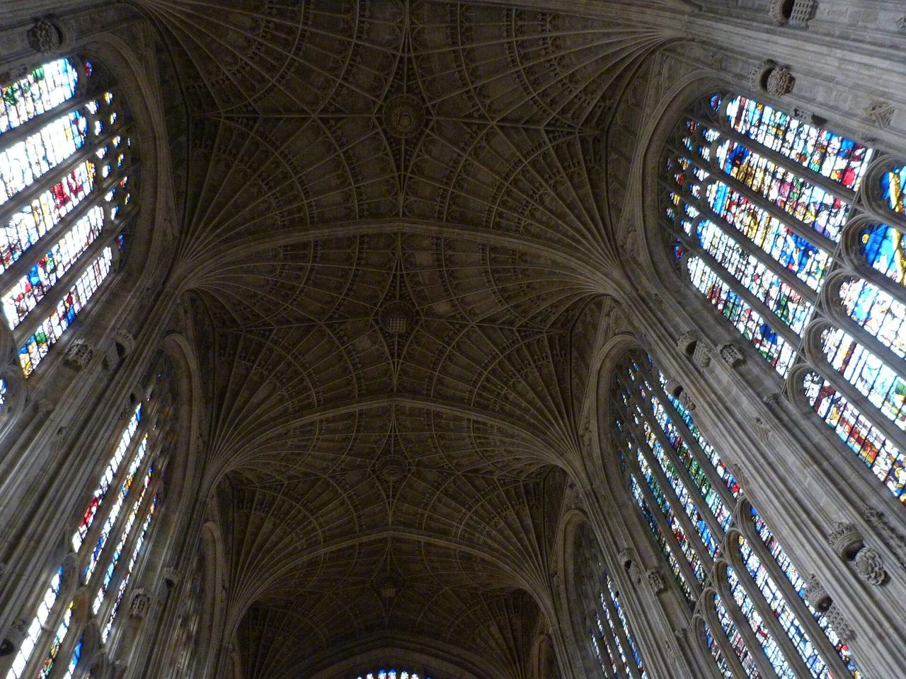 The fan vault of King's College Chapel, Cambridge, the largest fan vault in the world, above its stained glass