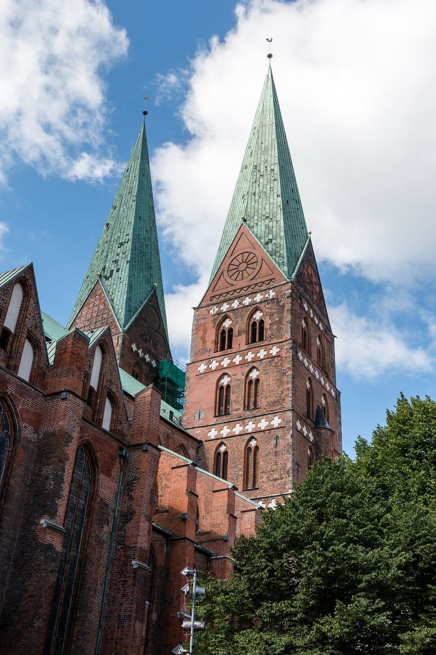 St Mary's Church in Lubeck: twin towers and brick massing of the mother church of Baltic brick Gothic