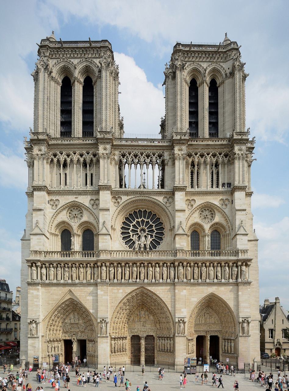 The west front of Notre-Dame de Paris: three portals, gallery of kings, rose window and twin towers