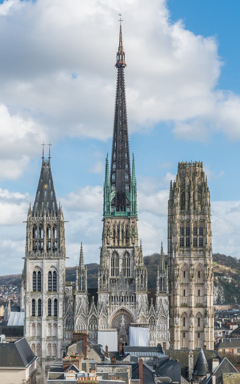 Rouen Cathedral seen from the rue du Gros-Horloge: the Flamboyant west front and the tallest spire in France