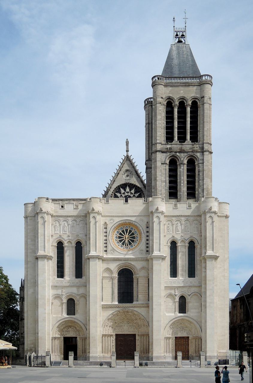 The west front of the Basilica of Saint-Denis with its rose window, three portals and surviving south tower