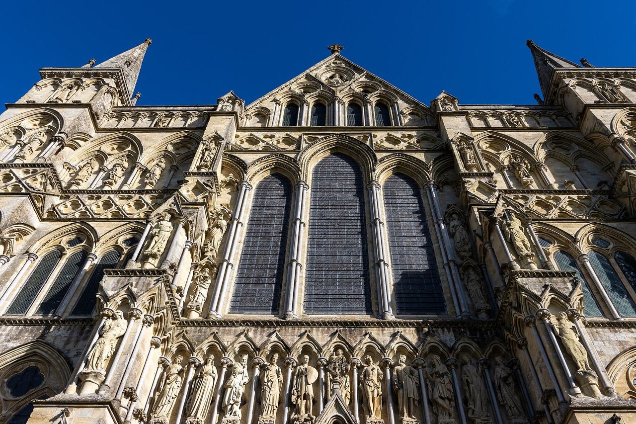 The west front of Salisbury Cathedral, a screen facade of lancets and statues built in one campaign from 1220
