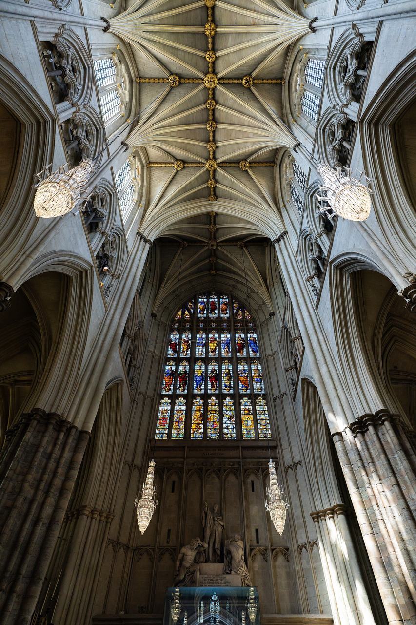 The nave of Westminster Abbey looking up to its rib vaults and tall lancet windows