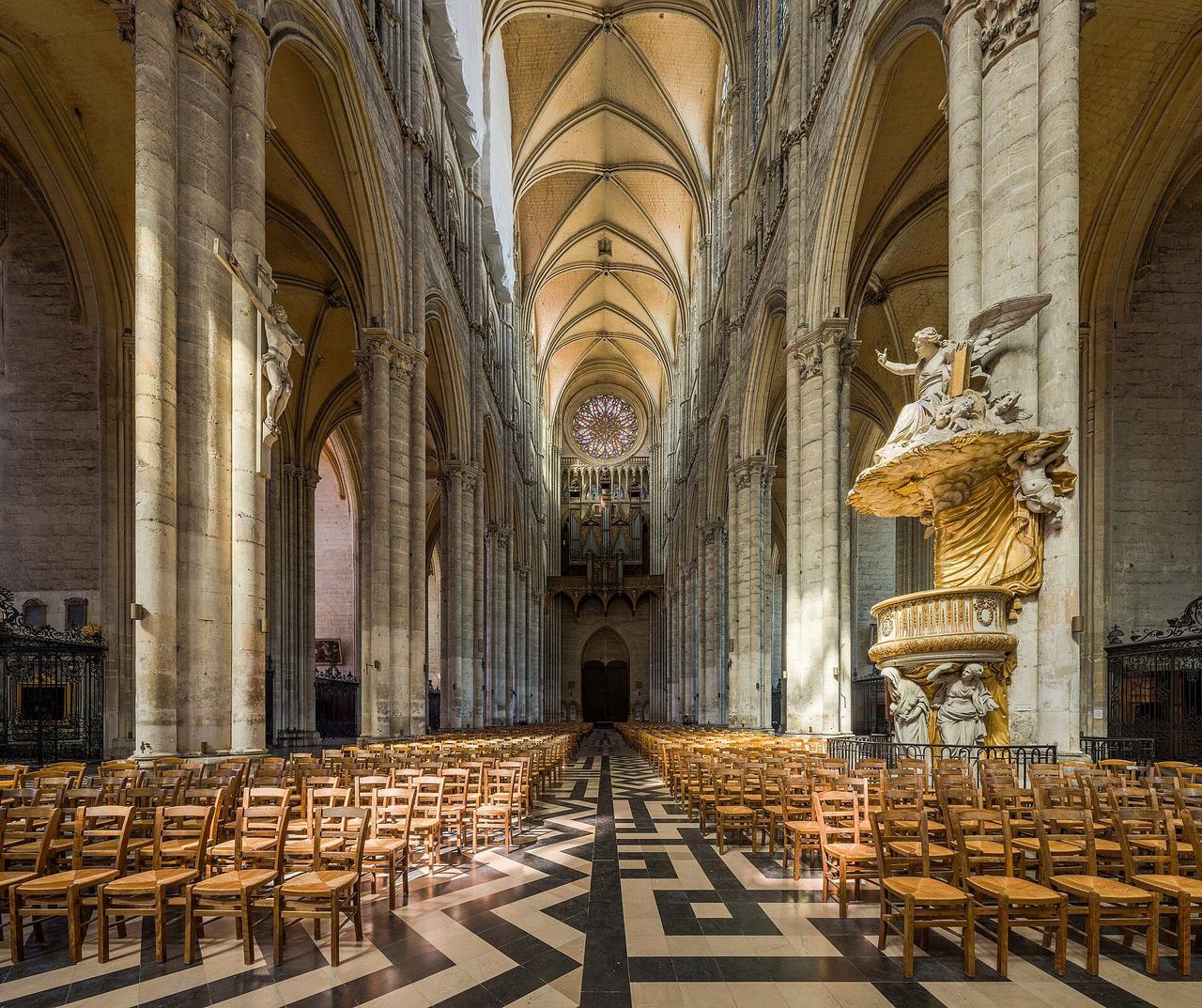 The nave of Amiens Cathedral looking west: arcade, triforium and clerestory under the rib vault