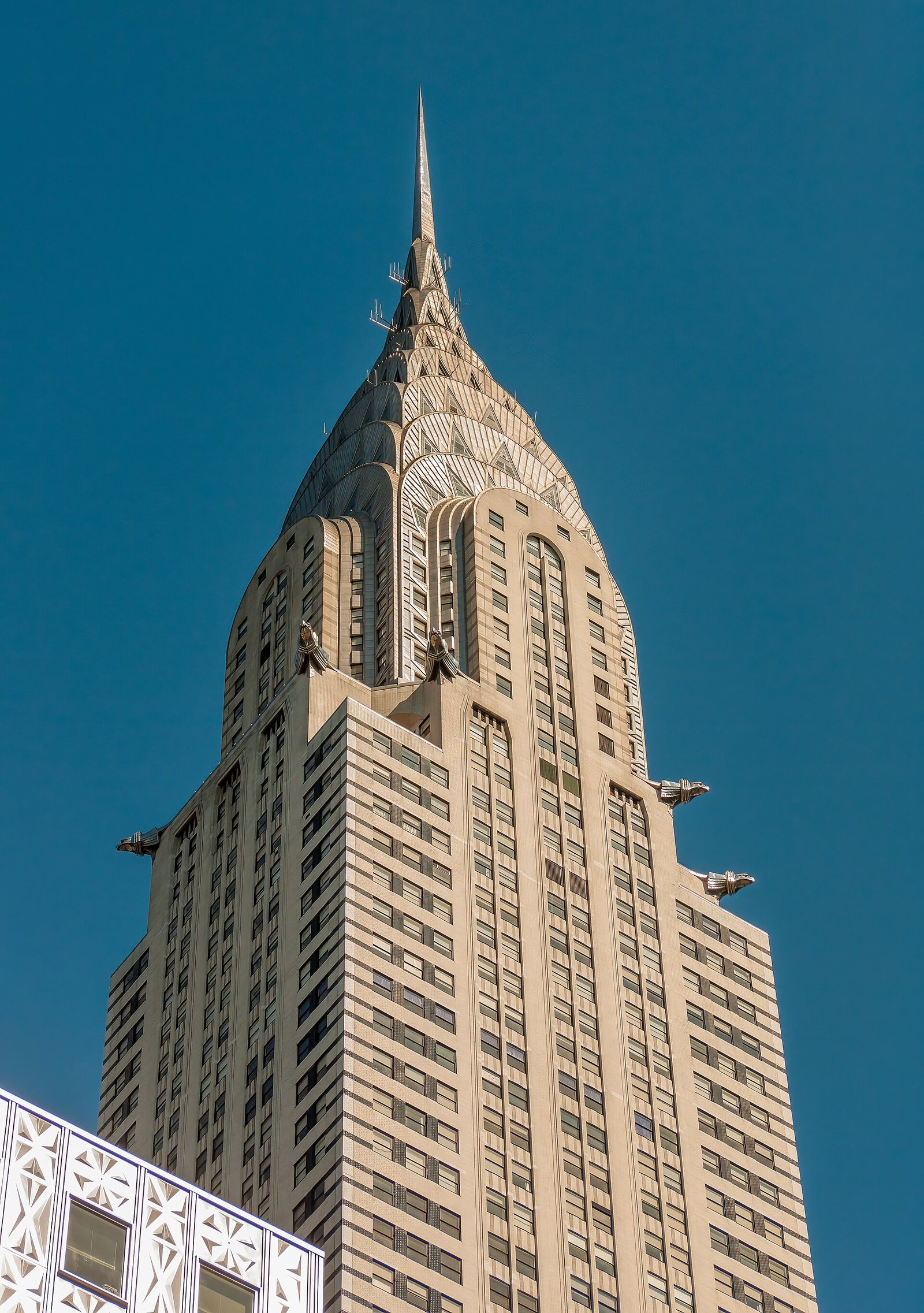 The Chrysler Building, New York: the terraced stainless-steel crown and eagle gargoyles above the setback shaft