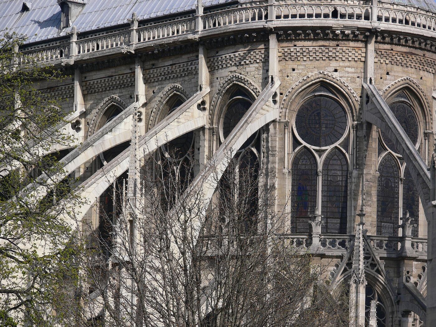 Flying buttresses of Notre-Dame in Paris, leaping over the apse