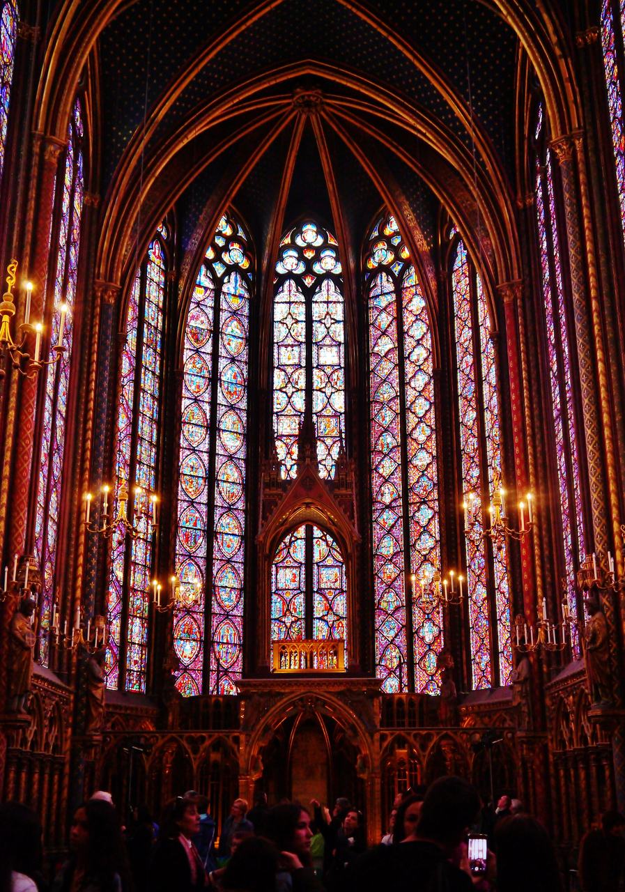 The apse windows of the upper chapel of Sainte-Chapelle, Paris: Rayonnant glass between slender piers