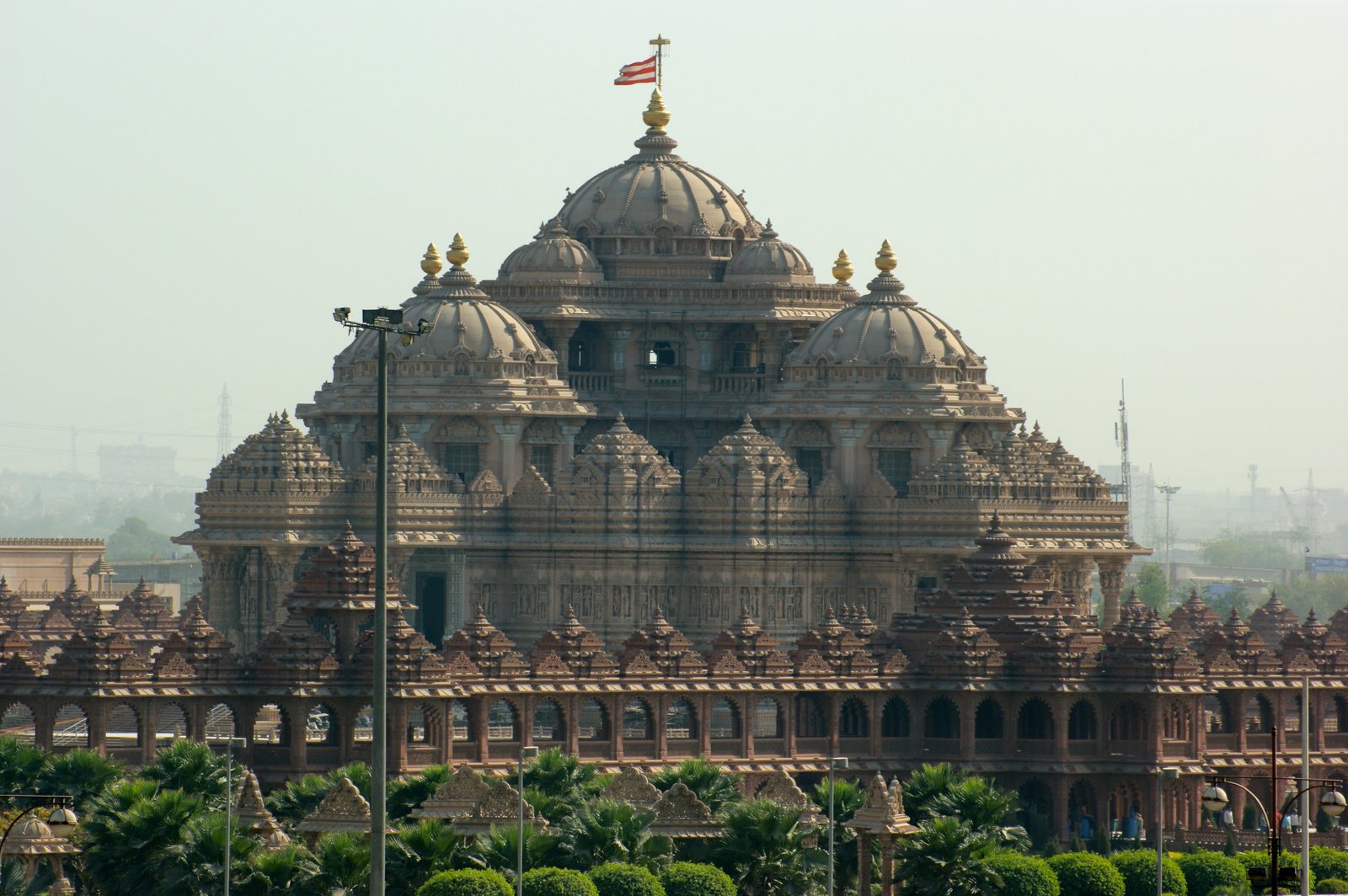 Akshardham Temple in Delhi, its carved domes and shikharas over the colonnade
