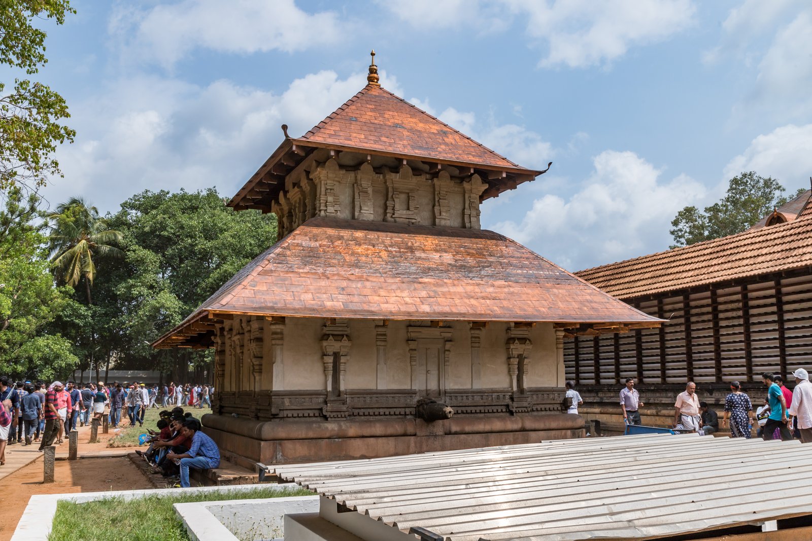 Vadakkunnathan Temple at Thrissur, its sloping tiled Kerala roofs over whitewashed walls